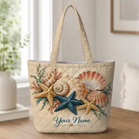 Seashells and Starfish for Coastal Beach Days and Ocean Lover Gifts for Her and Summer Getaways Quilted Tote Bag