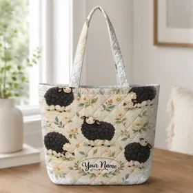 Black Sheep With Curly Fleece For Rustic Farmhouse Gifting And Sheep Lover Women Quilted Tote Bag