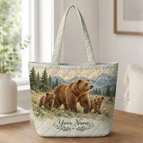 Brown Bear Family in a Mountain Meadow for Cozy Woodland Home and Nature Lovers Quilted Tote Bag