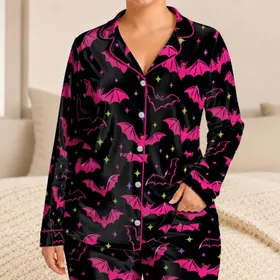 Fuchsia Bat Halloween Night Sky for Cozy Autumn Lounging and Spooky Season Satin Pajamas Set