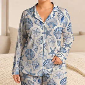 Blue Seashells and Starfish for Coastal Getaways and Relaxed Beachside Living Satin Pajamas Set