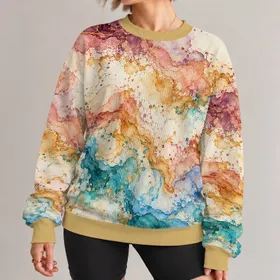 Abstract Turquoise And Ochre Watercolor Swirls For Creative Everyday Style And Artistic Wardrobes All-over Print Knitted Sweater