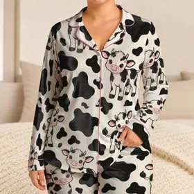 Cute Pink-Nosed Cow Motifs for Cozy Farmhouse Lounging and Relaxed Country Nights Satin Pajamas Set