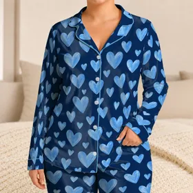 Light Blue Hand-Drawn Hearts for Cozy Romantic Evenings and Relaxed Lounging at Home Satin Pajamas Set
