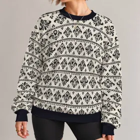 Black Folk Floral Motifs for Cozy Autumn Days and Artful Everyday Style All-over Print Knitted Sweater