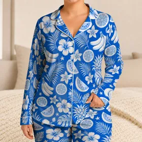 Bright Blue Tropical Pineapple And Watermelon Fruit For Cheerful Summer Lounging Satin Pajamas Set