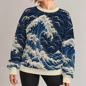 Indigo Ocean Waves and Coastal Mountain Scene for Relaxed Everyday Outings for Women All-over Print Knitted Sweater