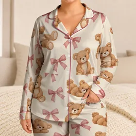 Teddy Bears And Pink Bows For Cozy Evenings And Sweet At-Home Relaxation Satin Pajamas Set