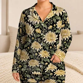 Cream Chrysanthemum Blooms for Cozy Botanical Evenings and Relaxed Lounge Style at Home Satin Pajamas Set