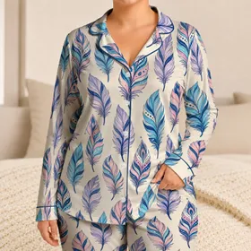 Blue Pink Feather Motifs for Relaxed Lounging and Cozy Evenings at Home for Men Satin Pajamas Set
