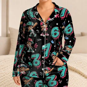 Turquoise 67 Street-Sport Mascot Black Lounge Look For Boys And Girls, Gift Ready Satin Pajamas Set