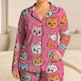 Cheerful Cartoon Cat Faces for Cozy Bedtime Comfort, Sleepovers, and Kids At Home Satin Pajamas Set