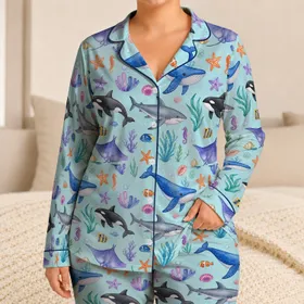 Ocean Whale Shark And Manta Ray Bedtime Comfort For Boys And Girls At Home Every Night Satin Pajamas Set