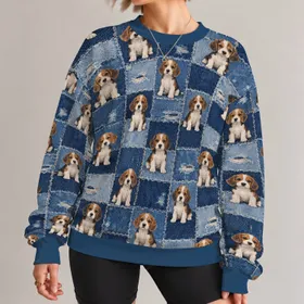 Beagle Puppy Denim Quilt Motifs for Cozy Autumn Walks and Casual Dog Lover Style All-over Print Knitted Sweater