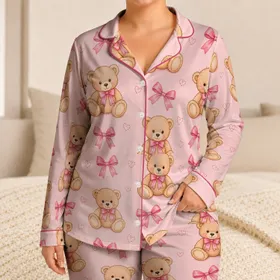 Sweet Teddy Bear Bow Outfit For Cozy Bedtime And Holiday Gifting For Kids And Girls Satin Pajamas Set