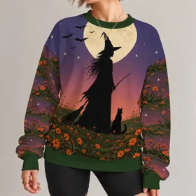 Moonlit Witch and Cat for Halloween Night Celebrations and Cozy Autumn Evening Wear All-over Print Knitted Sweater