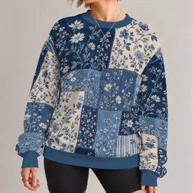 Blue Denim Patchwork Florals for Relaxed Spring and Autumn Everyday Style for Women All-over Print Knitted Sweater