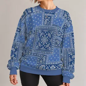 Blue Paisley Bandana Patchwork Motif for Everyday Streetwear and Casual Weekend Style All-over Print Knitted Sweater