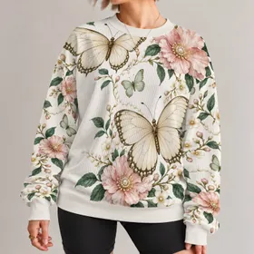 Ivory Butterflies and Blush Flowers for Spring Garden Style and Everyday Wear All-over Print Knitted Sweater