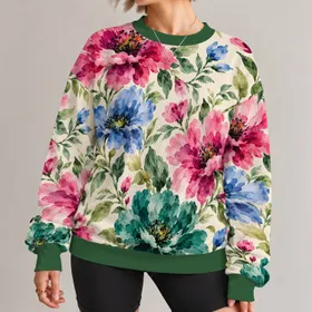 Watercolor Fuchsia Blue and Teal Flowers for Spring Garden Days and Getaways All-over Print Knitted Sweater