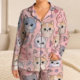 Cute Sleepy Cat Faces on Blush Pink Bedtime Style for Women and Cat Lover Gift Ideas Satin Pajamas Set