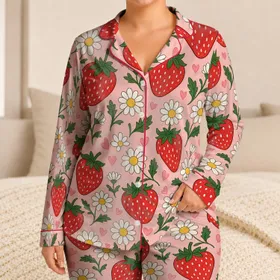 Cute Strawberry Daisy Hearts Blush Pink Cozy Bedtime Gift Idea for Women and Girls Satin Pajamas Set