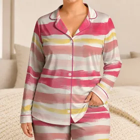Raspberry Rose Butter Yellow Stripes for Colorful Summer Lounging and Relaxed Home Days Satin Pajamas Set
