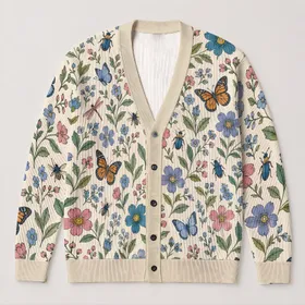 Botanical Insect Garden Motifs For Relaxed Autumn Layering Women's Nature Inspired Style All-over Print Knitted Cardigan