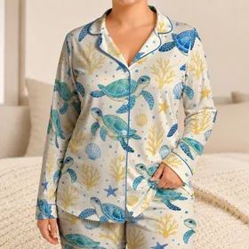 Sea Turtle Coastal Vacation Lounge Look For Kids And Family Beach Days Satin Pajamas Set