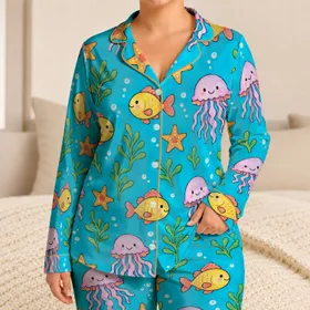 Cute Ocean Jellyfish and Seaweed for Relaxing Summer Beach Nights Satin Pajamas Set