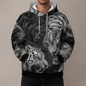 Monochrome Tiger And Wolf Wildlife Art For Outdoor Adventures And Everyday Wear All-over Print Hoodie (Lightweight)