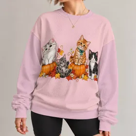 Autumn Kittens With Pumpkins And Falling Leaves For Cozy Halloween Season Celebrations All-over Print Knitted Sweater