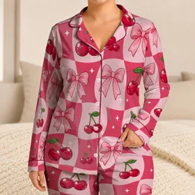 Sweet Cherry Bow Checkerboard Lounge Gift For Women And Girls For Cozy Nights Home Satin Pajamas Set