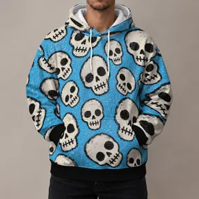 Light Blue Distressed Skull Motif for Alternative Streetwear and Halloween Style for Men All-over Print Hoodie (Lightweight)