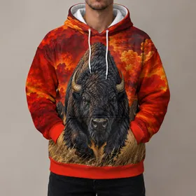 Charging Bison In Fiery Grassland For Bold Outdoor Adventures And Everyday Wear All-over Print Hoodie (Lightweight)