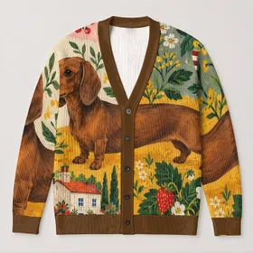 Brown Dachshund Garden Scene for Cozy Everyday Layering and Dog Lover Style All-over Print Knitted Cardigan