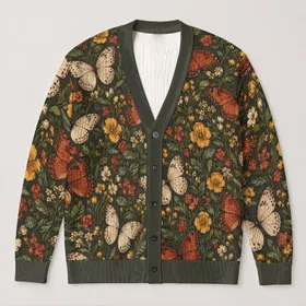 Rust And Ivory Butterflies With Wildflowers For Everyday Nature Inspired Style All-over Print Knitted Cardigan