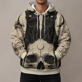 Twin Black Cats Perched on Skull for Halloween Night, Gothic Casual Wear and Autumn All-over Print Hoodie (Lightweight)