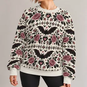 Gothic Bat Rose Heart Motifs for Halloween Parties and Dark Romantic Everyday Style All-over Print Knitted Sweater