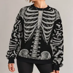 Silver Skeleton Bones for Halloween Parties and Bold Dark Seasonal Streetwear Style All-over Print Knitted Sweater