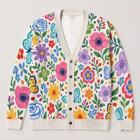 Colorful Floral Butterfly Motifs for Joyful Everyday Layering and Bright Spring Outings All-over Print Knitted Cardigan