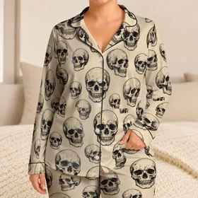 Distressed Skull Motif Lounge Style for Cozy Gothic Nights and Everyday Comfort Satin Pajamas Set
