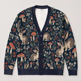 Jackalope Woodland Mushrooms And Wildflowers For Cozy Autumn Nature Lovers Everyday Style All-over Print Knitted Cardigan