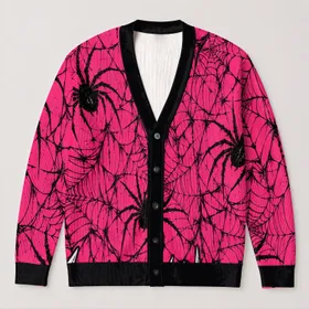 Hot Pink Spiderwebs and Punk Spiders for Halloween Alternative Teen Style All-over Print Knitted Cardigan