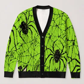 Neon Green Spiderweb Punk Style for Halloween Nights and Everyday Alternative Wear All-over Print Knitted Cardigan