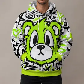 Neon Lime Cartoon Bear Face for Bold Streetwear Looks and Everyday Urban Style Fans All-over Print Hoodie (Lightweight)