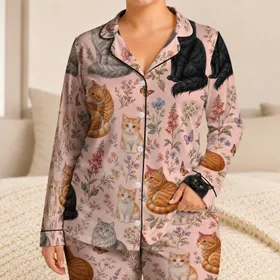 Vintage Botanical Cat Motifs For Cozy Home Evenings, Gift For Cat Lovers And Friends Satin Pajamas Set
