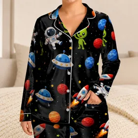 Space Aliens, Rockets And Astronauts Bedtime Wear For Kids, Cozy Gift For Boys At Home Satin Pajamas Set