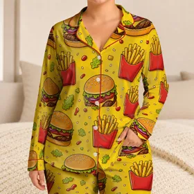 Retro Burger And Fries Snack Motifs For Cozy Weekend Lounging At Home For Adults Satin Pajamas Set