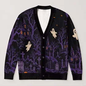Halloween Ghosts and Pumpkins for Spooky Season and Autumn Nights All-over Print Knitted Cardigan